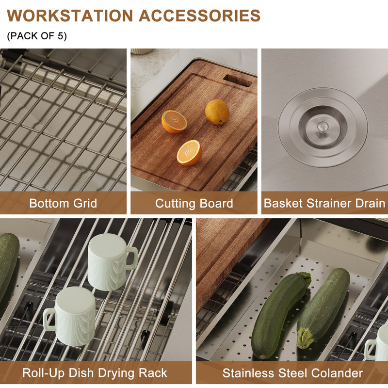 33'' Brushed Stainless Steel Single Bowl Kitchen Sink with Accessories