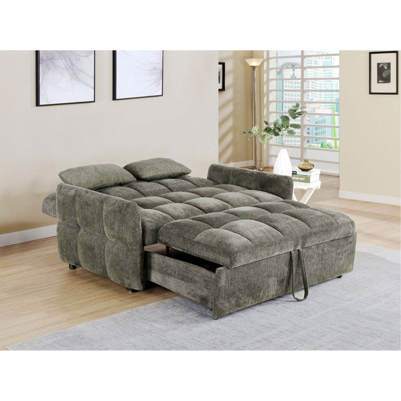 Tufted Sofa, Pull-Out Sleeper Sofa Bed, Dark Gray Chenille
