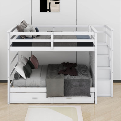Full Over Full Bunk Bed With Trundle And Staircase,Wooden Bunk Bed Frame With Storage Drawers