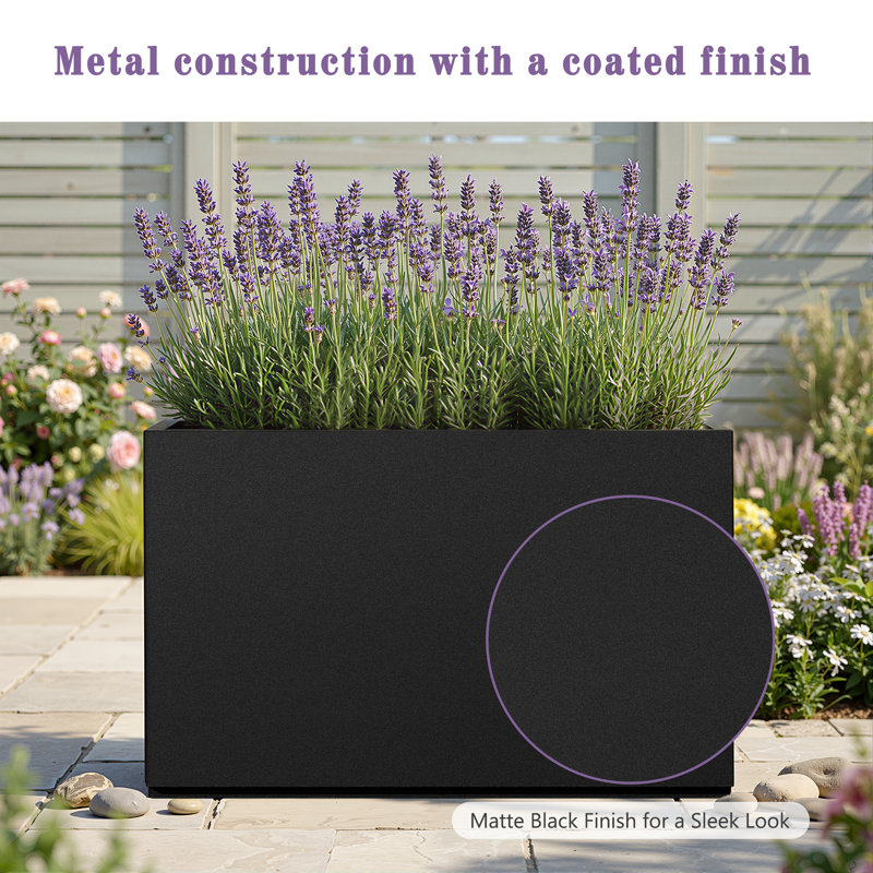 Rectangular Planter-Metal Planter Box With Drainage Holes for Indoor and Outdoor Use, 25.6" H x 35.4" W x 9" D, Black