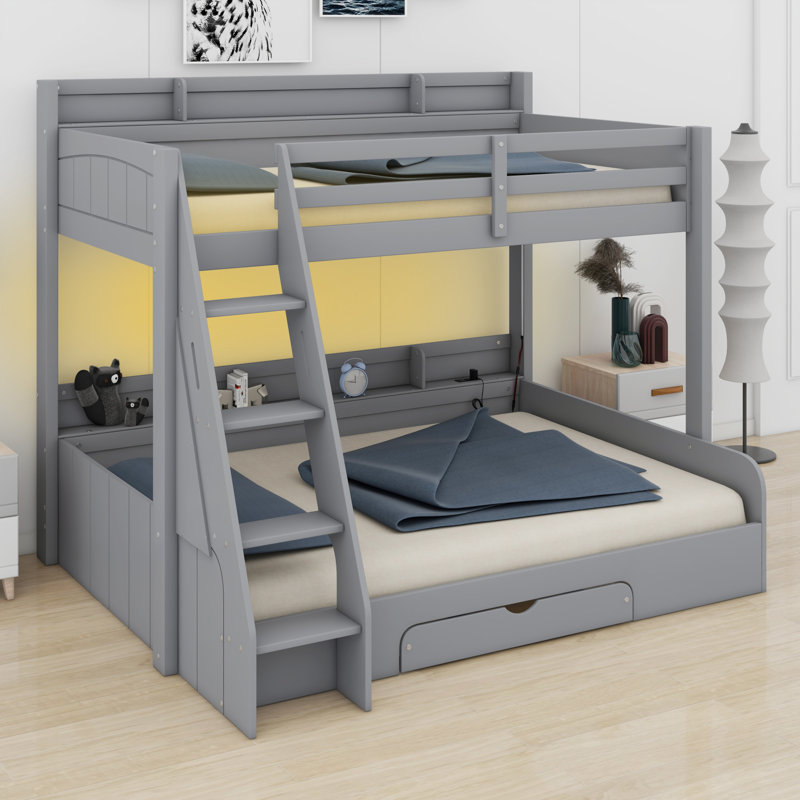 Bunk Bed With Storage Shelves, LED, Charging Station And A Drawer, Grey