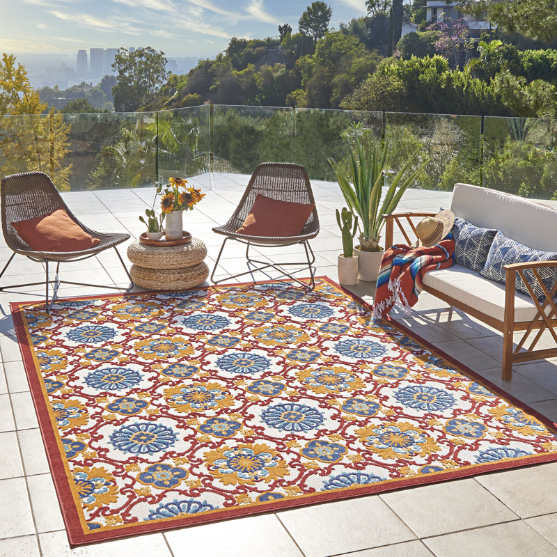 Fosel Chora Red and Ivory Floral Outdoor Rug