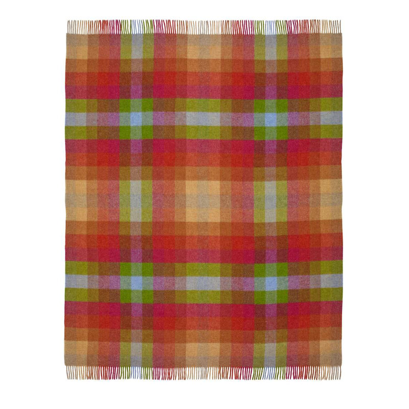 Jeté en laine Shetland, Bleu / vert / beige / orange / mauve géométrique