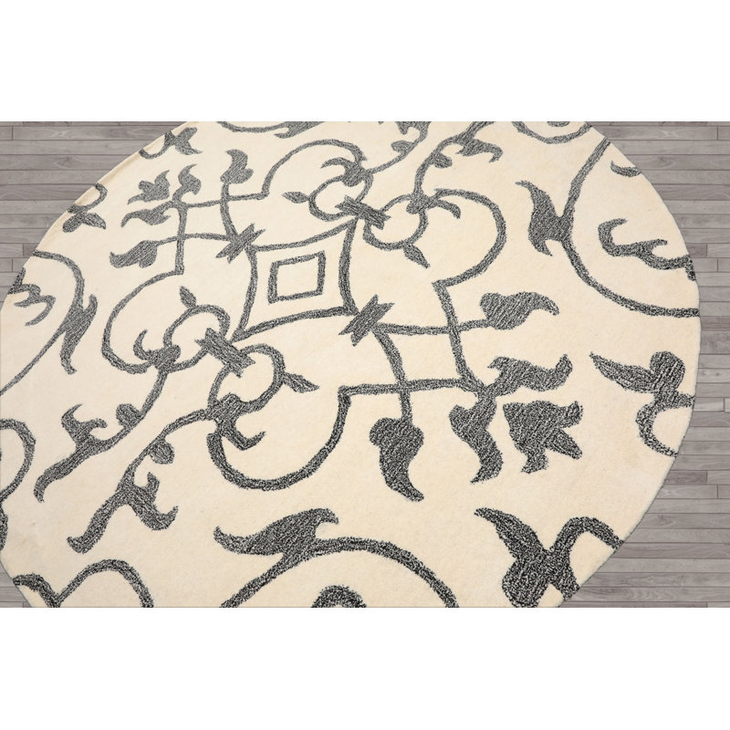 Transitional Wool Oriental Area Rug in Multi Sizes Ivory Hand Tufted, Round 7'8"