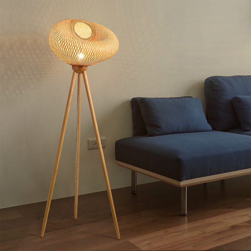 Japanese-style bamboo-woven solid wood floor lamp