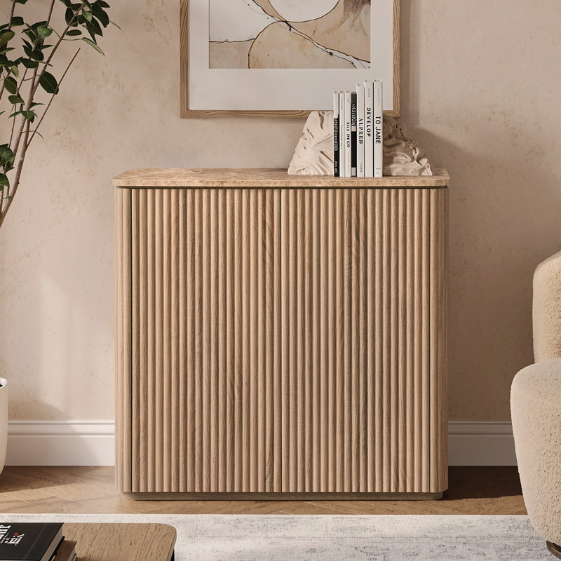 34.4"W Buffet Sideboards Set of 2, Horsforth Cabinet Storage with Faux Marble Top, Natural Oak, Oak