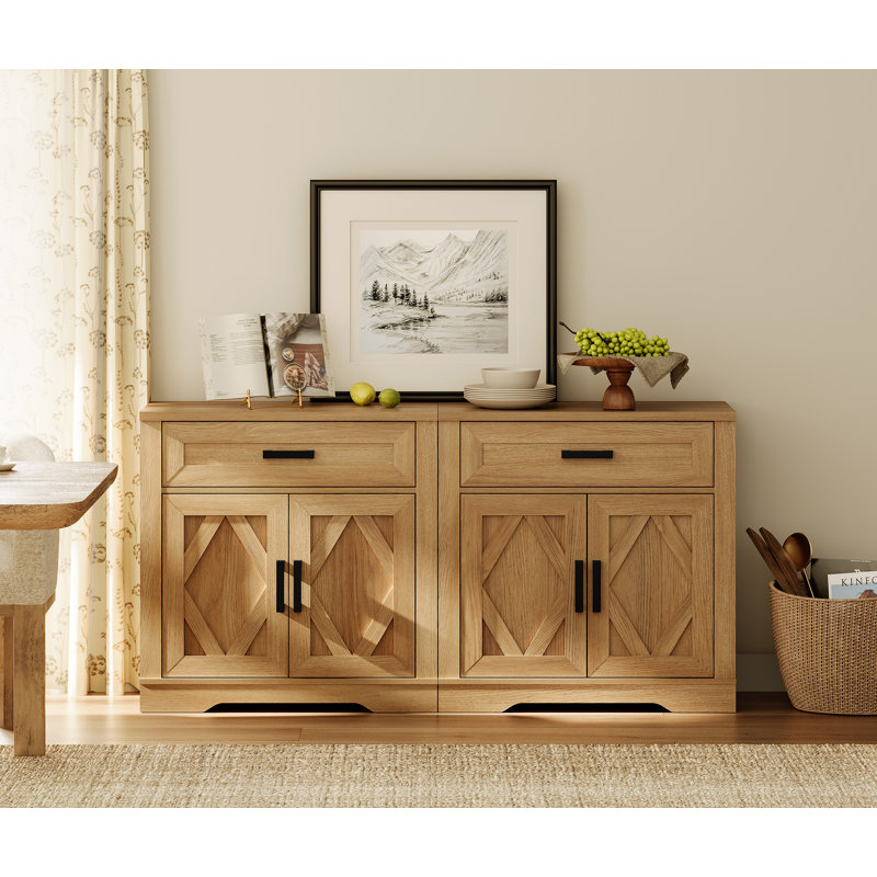 Laziza 63"W Large Modern Farmhouse Large Storage Sideboard Cabinet With Barn Doors & Drawers, Scratch-Resistant Tree Bark Finish