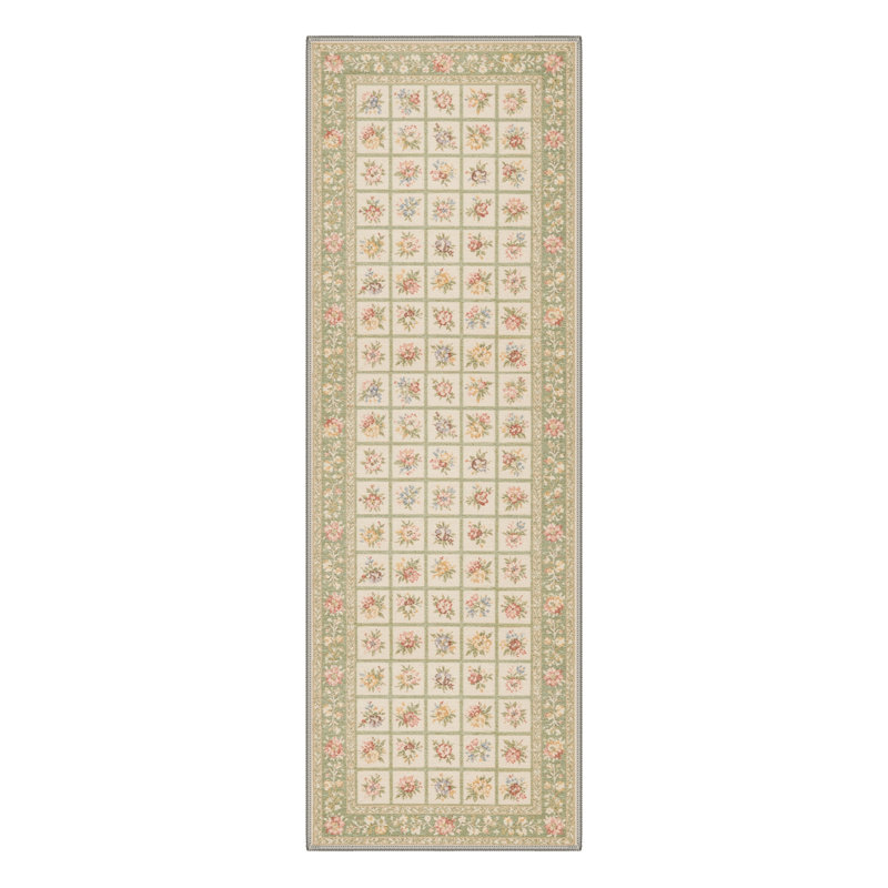 Cottagecore Floral Machine Washable Green / Beige Indoor Area Rug with Non-Slip Backing, Round 5'