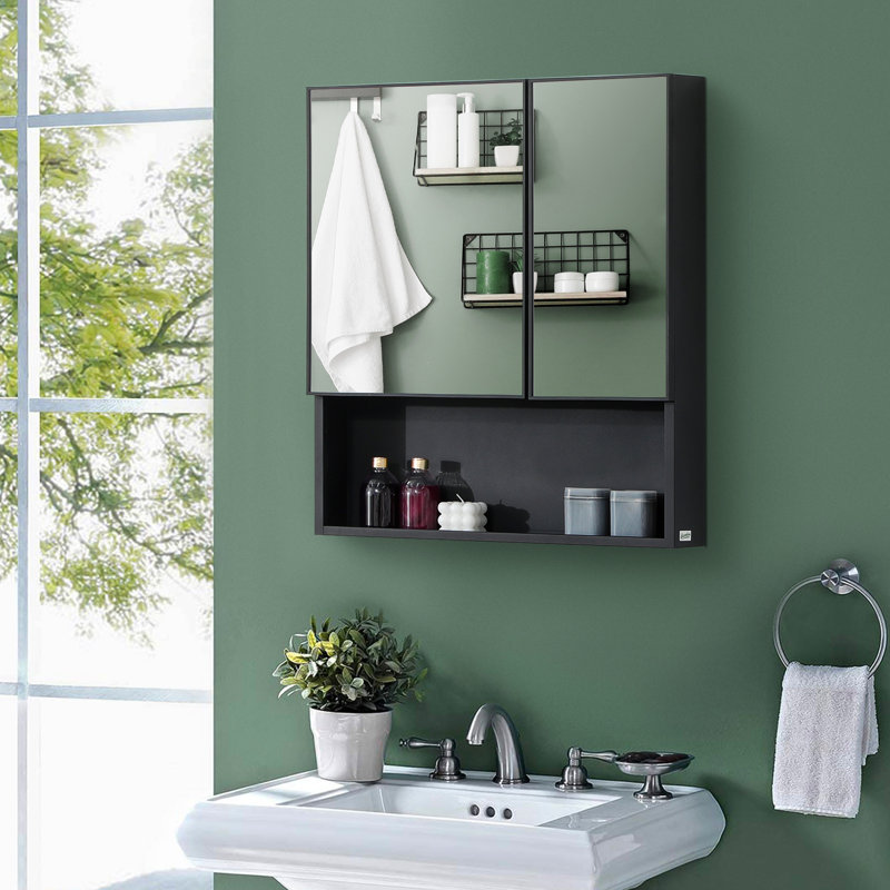 Armoire de salle de bain à miroir avec portes doubles et tablettes de rangement, finition noire, style interne pour l'organisation