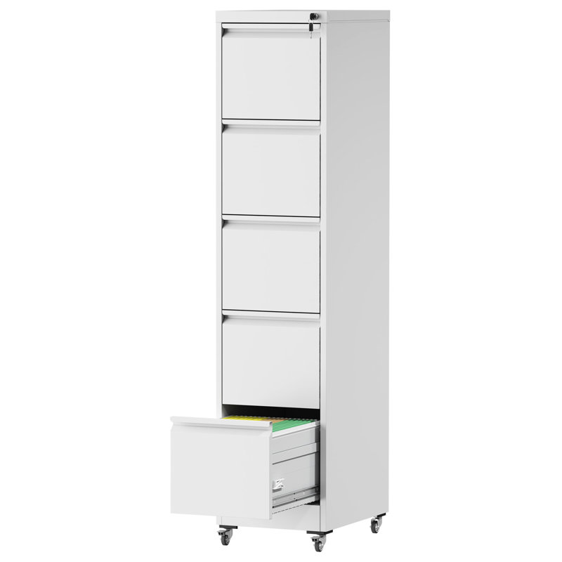 Vertical File Cabinet With 5 Drawers, Wheels For Easy Movement, Metal Storage A4/letter/legal Size Papers, White, 17.71"d*15.57"w*65.35"h, Secure Locking System, Construction Folders, Locking, All -