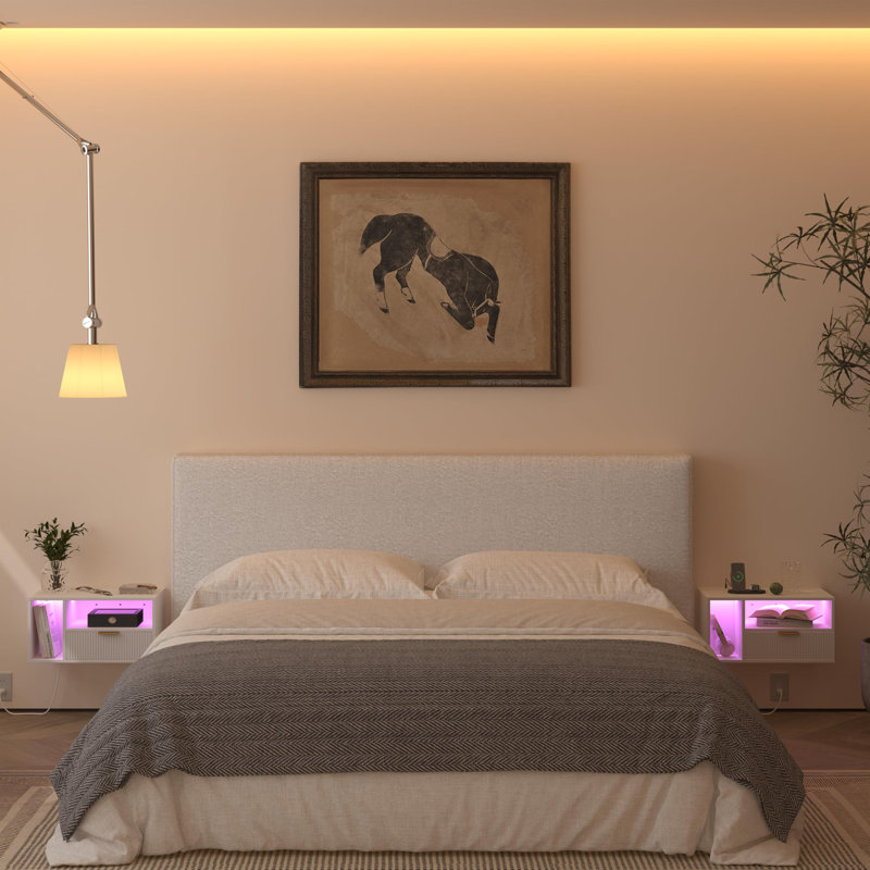 Floating Nightstand With Charging Station And LED Light,, White