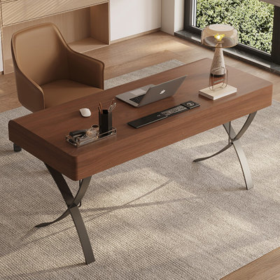 Nut-brown + Silver Rectangular Manufactured Wood + Carbon Steel with 2 drawers desk