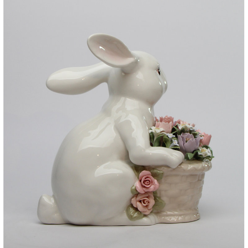 Fine Porcelain Easter Rabbit Holding a Flower Bouquet Figurine- 8 1/4"H
