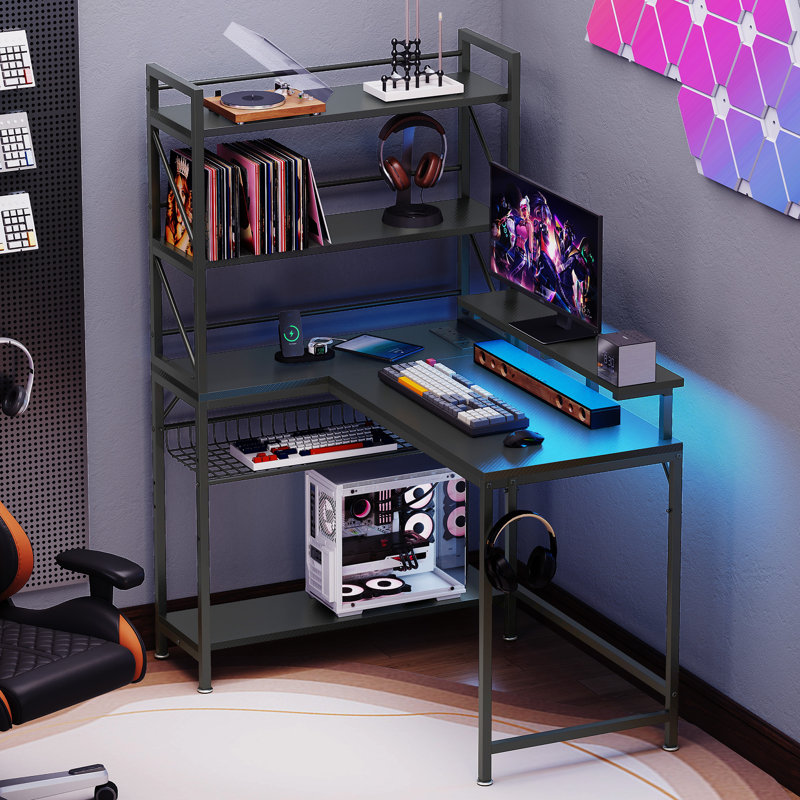 L-Shaped Metal Base Computer Desk with Power Outlet
