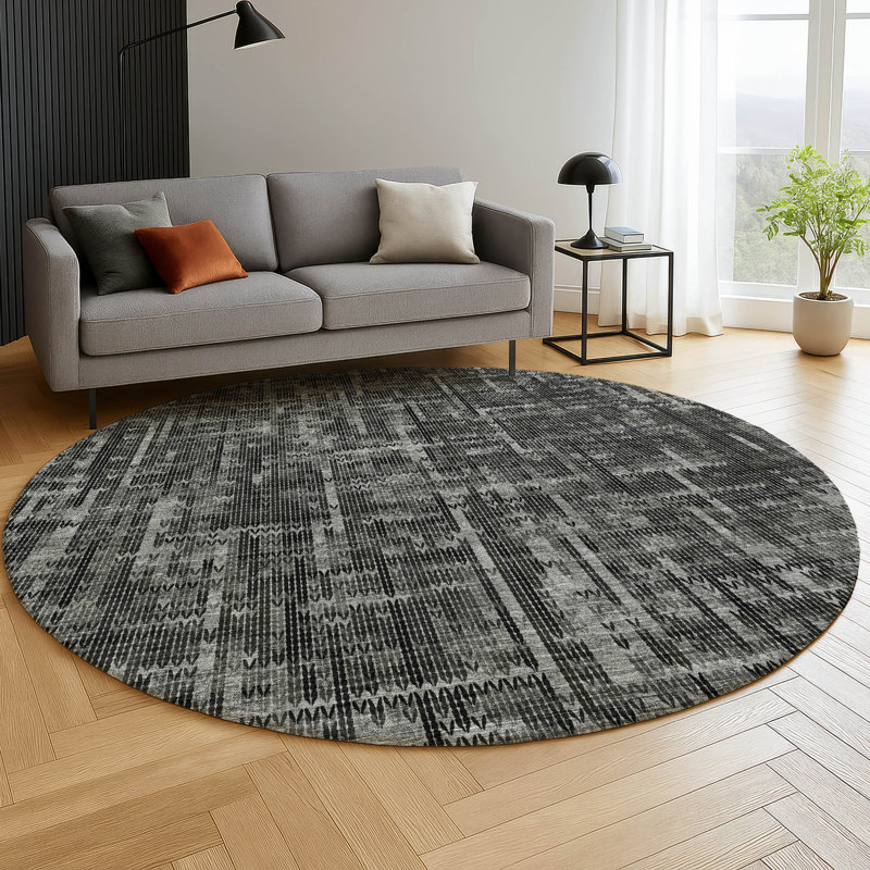 Premium Machine Washable Mayfield AMF2130 Striped Rug, Charcoal, 8' Round