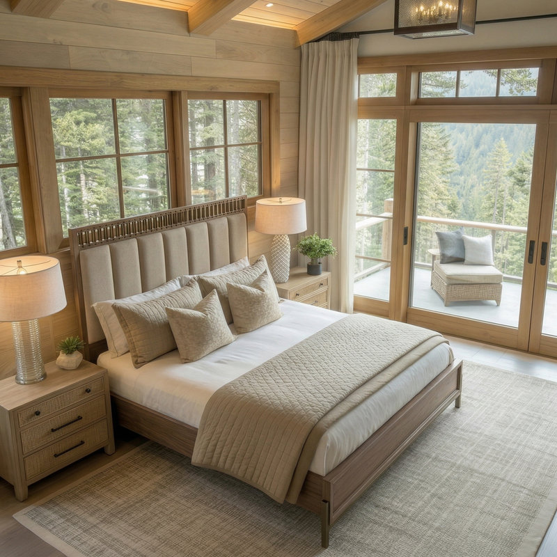Upholstered Panel Bed with Strap Headboard and Solid Wood Frame, King