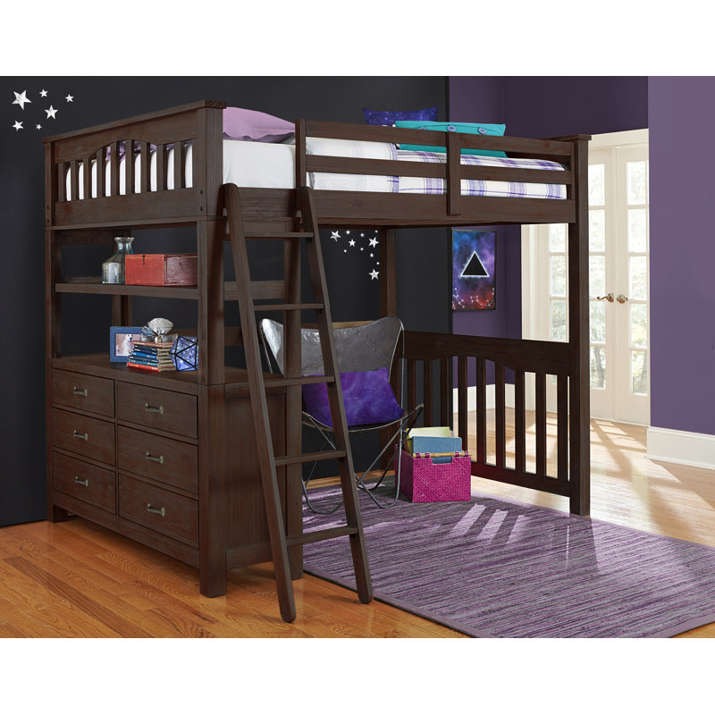 Lit mezzanine en bois massif à 6 tiroirs avec bibliothèque Mateo par Greyleigh™ Baby & Kids, Double, Espresso