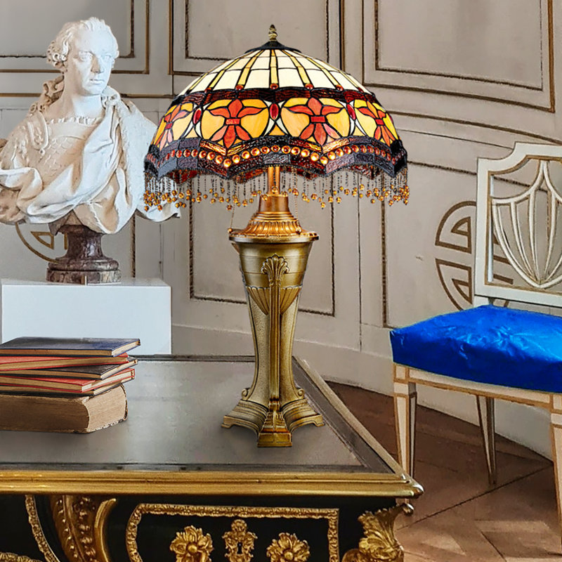 Victorian Parlor Bronze Stained Glass Table Lamp, 29.5" Tall