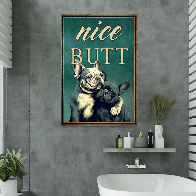 Paire de terriers de Boston - toile tendue avec toile tendue - décor d'illustrations pour salle de bain et de lessive, noir et brun