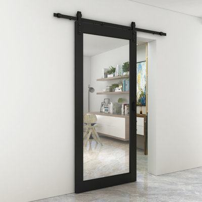 36 in. x 84 in. Mirrored Glass Black MDF Interior Sliding Barn-Door with Hardware Kit and-Door Handle