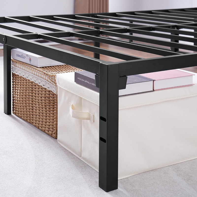 14" No-Screw Metal Queen Size Bed Frame Quick Snap Assembly Platform Underbed Storage No Box Spring Needed, Queen