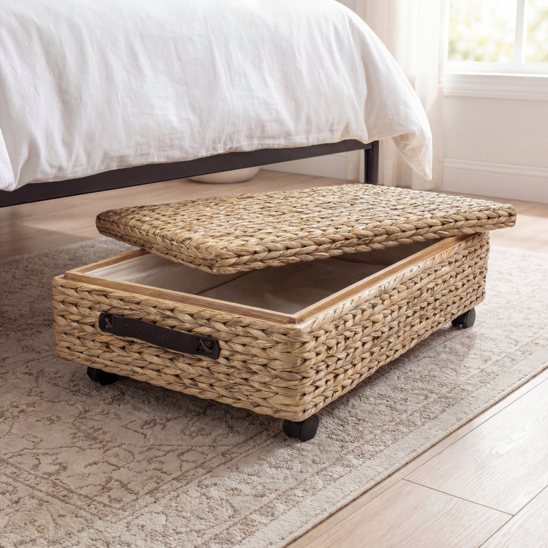 Chett 26.38" Minimalist Hand-Woven Hyacinth/Wood Underbed Storage Bin with Wheels and Handles happimess
