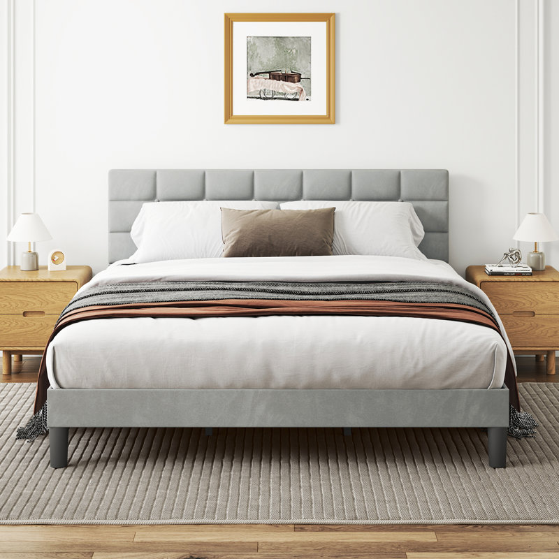 Velvet Upholstered Platform Bed with Headboard, Super King (6')