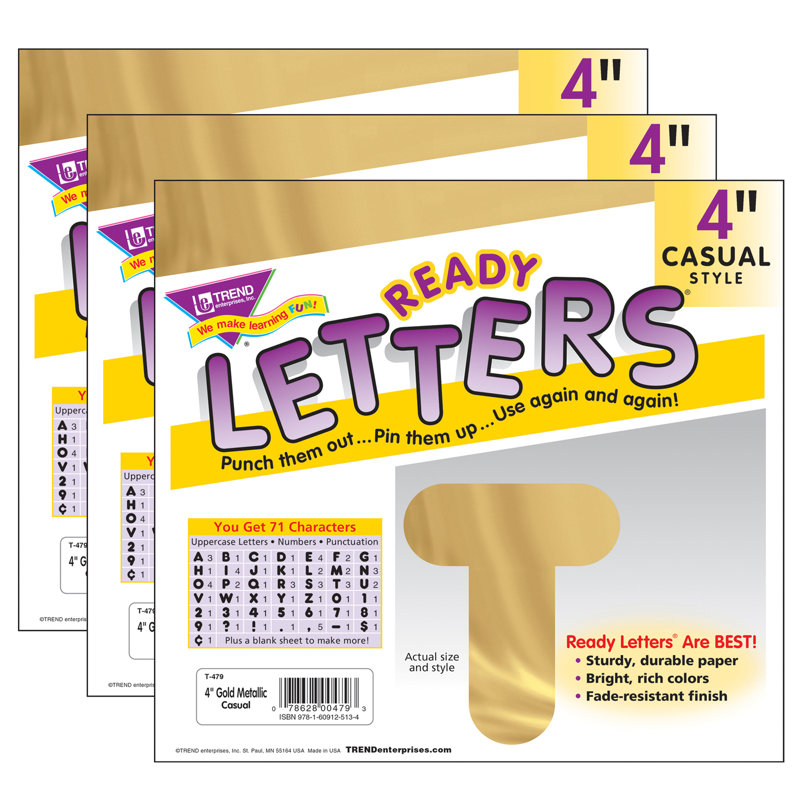 Or métallique, lettres majuscules de 4 po, Doré