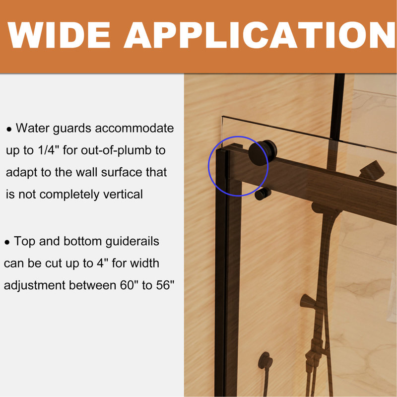 Porte de douche noire matte avec verre de 8 mm - 60 po X P 74 H, fonctionnement en douceur, rails de guidage réglables, matériau insonorisant transparent, paisible