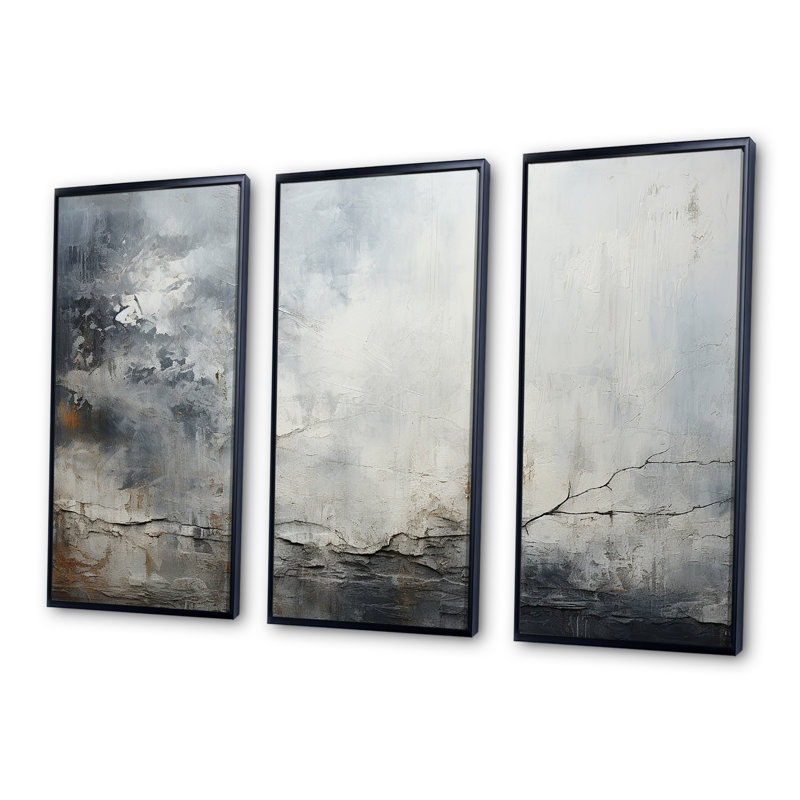 «Gray and White Stone River II», reproduction d'art abstrait mural, H 28 po x l 36 po x P 1 po, Cadre flottant noir