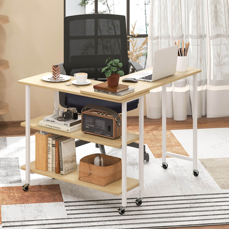 17 Storeys 360° Rotatable Sofa Side Table L-shaped Laptop Desk Snack Table Withshelf Patented, Natural/White