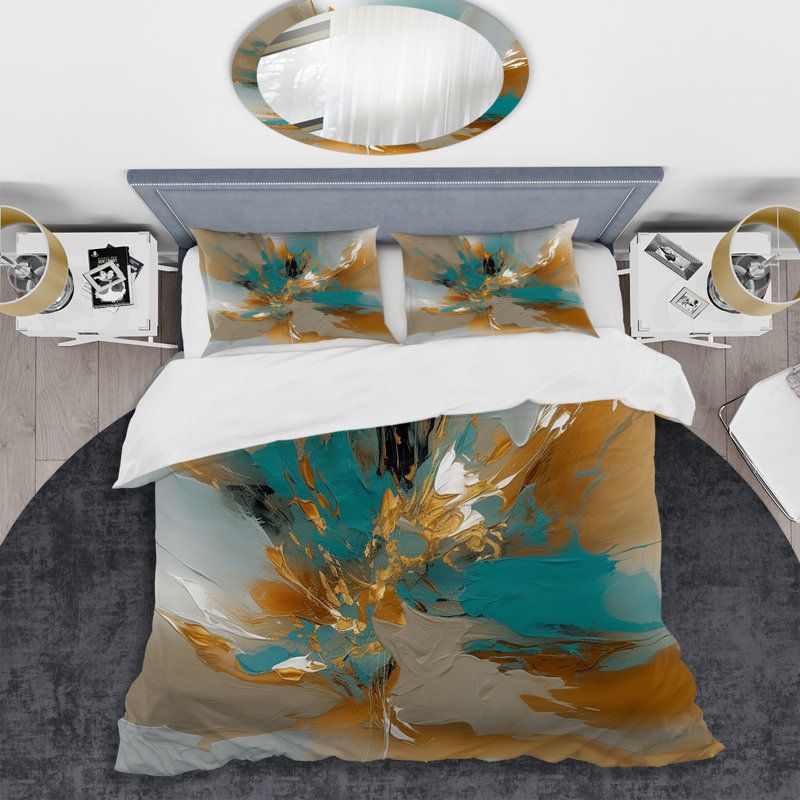 Ensemble de housse de couette en marbre doré et turquoise Fuild Ink I - Abstract Marble