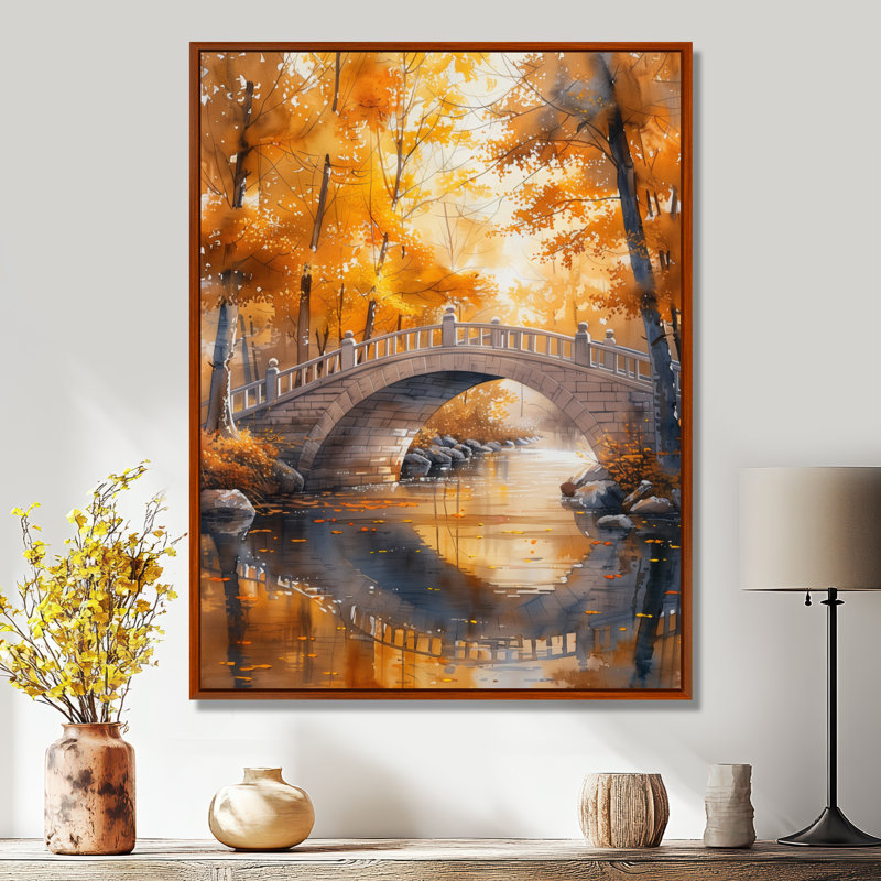 Jaune et beige, automne, rivière de beauté, pont V, Cadre flottant brun, H 34 po x l 44 po