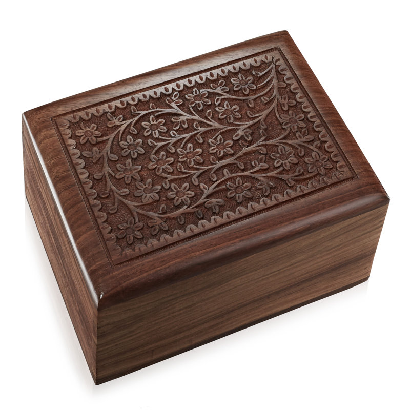 Medium Polished Rosewood Hand-Carved Floral Storage Box