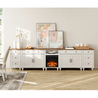 Buffet avec 4 tiroirs et 6 portes, conception à grain de bois rétro, armoire buffet avec station de recharge, bar à café avec foyer électrique de 18 po pour la salle à manger, la cuisine et le salon, blanc, 121 po