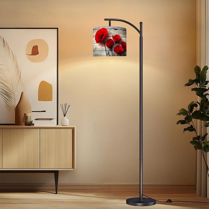 Lampe sur pied à arc avec abat-jour réglable rouge, noir, gris, cadeau de décoration, lampe sur pied à motif floral minimaliste en bois, 3 couleurs, intensité variable, haut, poteau avec interrupteur au pied pour la chambre à coucher