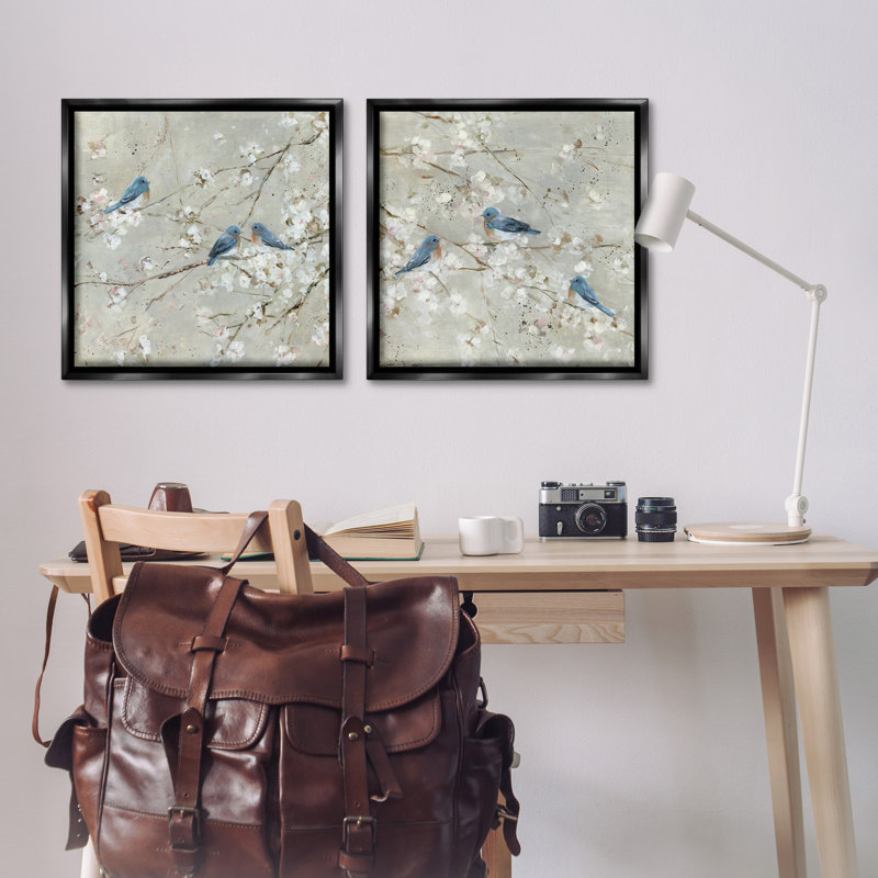 Ensemble de 2 toiles flottantes Blue Birds, Cadre flottant noir de jais, H 25 po x l 25 po