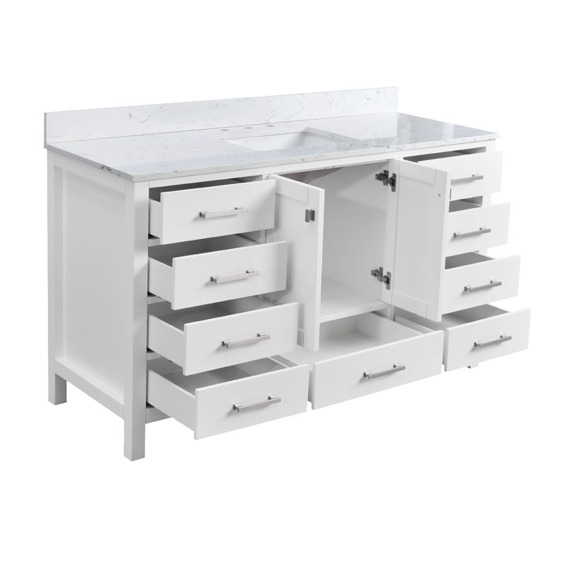 Render 60'' Single Bathroom Vanity With Engineered Stone Top, White, Brushed Nickel