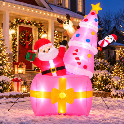 Traîneau de père Noël gonflable avec deux rennes et cadeaux - 7,8 pieds de long avec lumières DEL