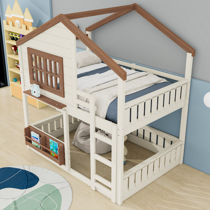 Lit superposé en bois avec bibliothèque, Beige / Naturel, Double