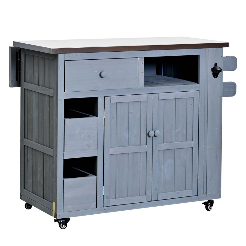 Outdoor Solid Wood Extendable Kitchen Island With Stainless Steel Top, Side Spice Rack, Drawers & Storage Cabinet, Gray