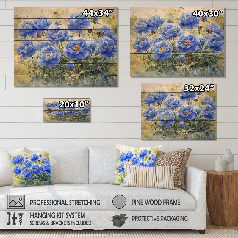 Pivoines bleues dans la prairie I - reproduction de bois de pivoines - sur bois de pin naturel, H 10 po x l 20 po x P 0,78 po