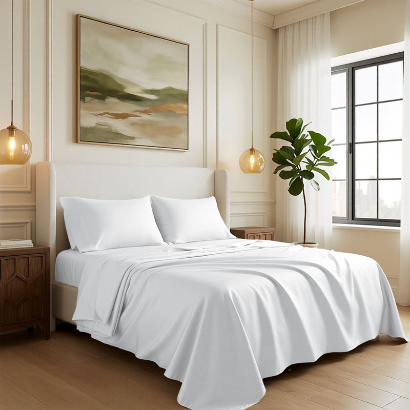 600 Thread Count 100% Cotton Sheet set in Sateen Weave, White, Queen Sheet Set with 2 Pillowcases, Solid
