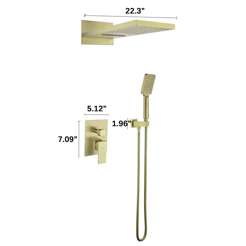Système de douche complet à pression équilibrée (température et volume) avec valve brute, Or brossé