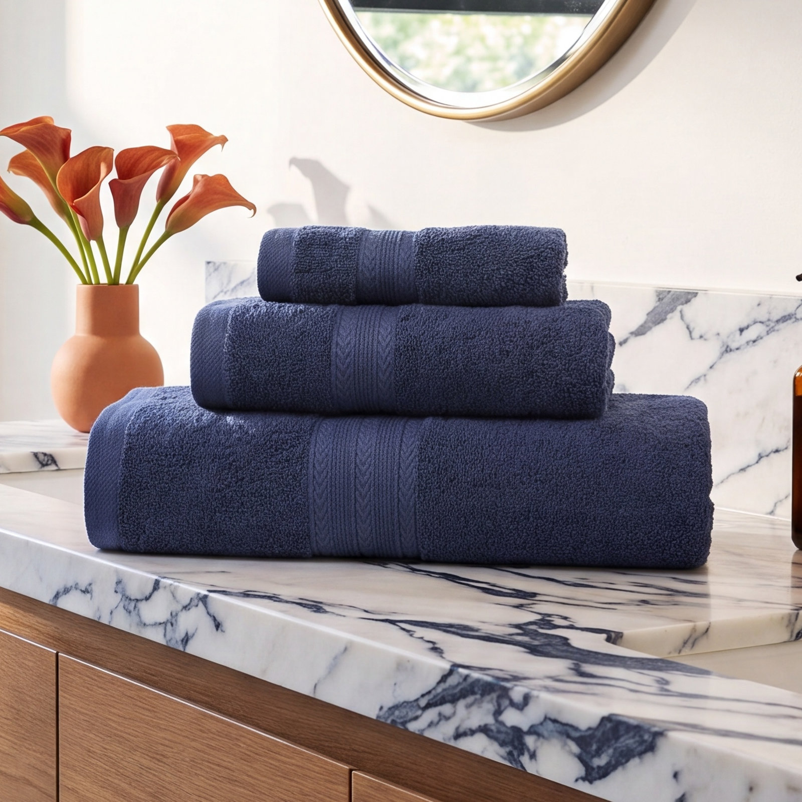 Asleigh 3-Piece Chevron Cotton Towel Set, Navy Blue