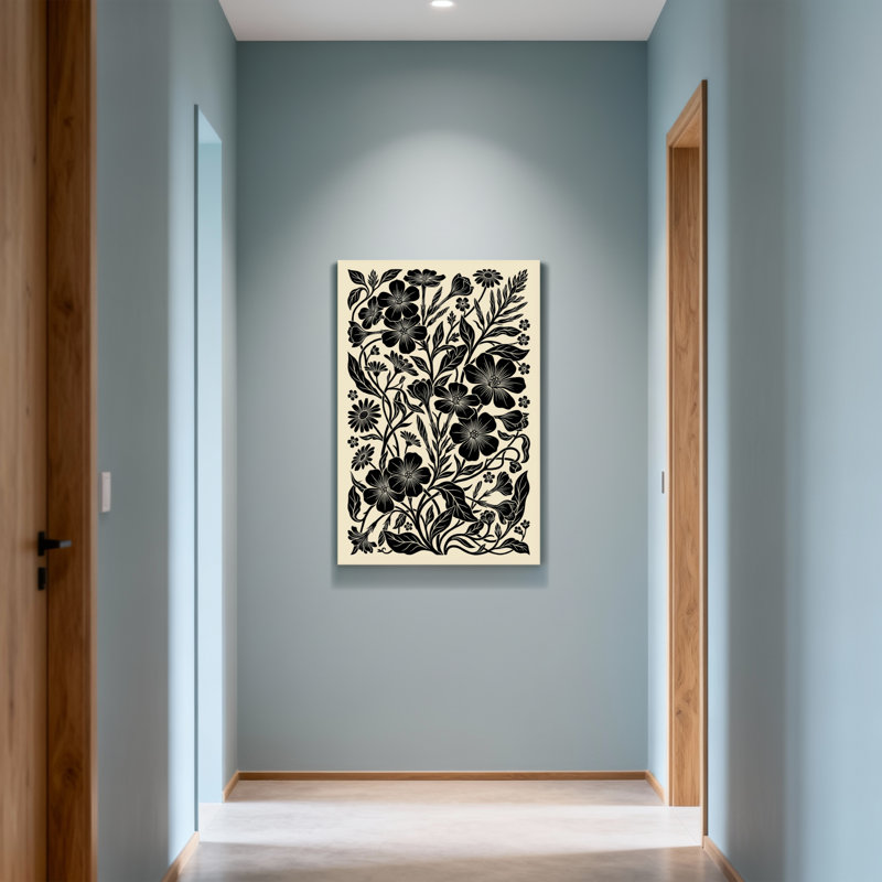 Plantes et fleurs à motif floral noir sur fond crème, H 40 po x l 28 po