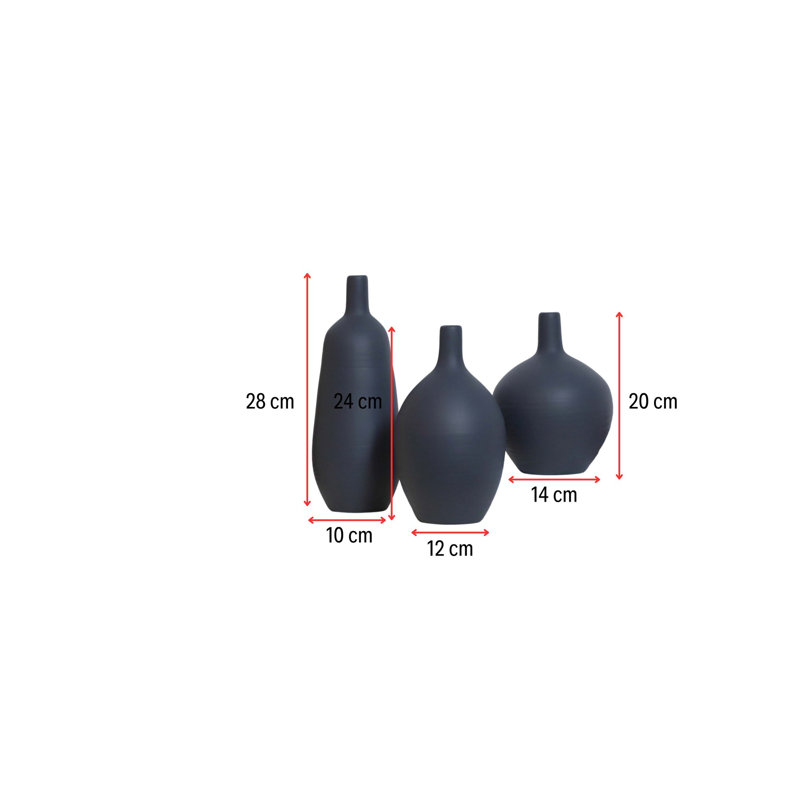 Ensemble de 3 vases en céramique Elegant, couleur anthracite, tailles: 5,5 x 5,5 x 7,9 po, 4,7 x 4,7 x 9,4 po, 3,9 x 3,9 x 11,0 po | 100% céramique de haute qualité | Parfait pour la décoration intérieure, l'esthétique moderne et les centres de table élégants