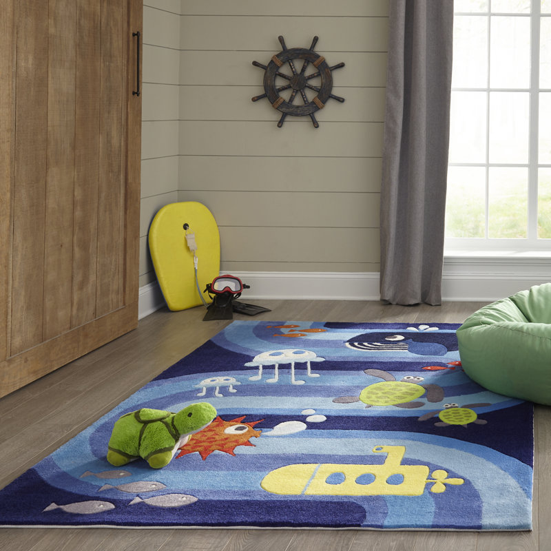 Tapis bleu touffeté à la main Delphine, Rectangle 8 pi x 10 pi