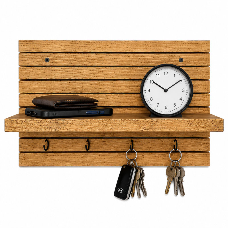 Waypoint Wall Organizer Shelf with 4 Key Hooks, Natural