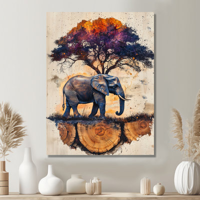 Éléphant sous le baobab - reproduction d'art moderne en métal, art mural éléphant en métal